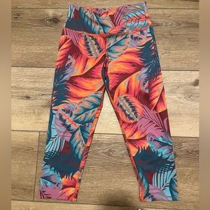 Onzie Knee-Length leggings with fun bright floral tropical leaves print